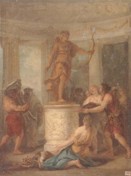 Interior of a classical temple,with hunters making an offering to a statue of diana